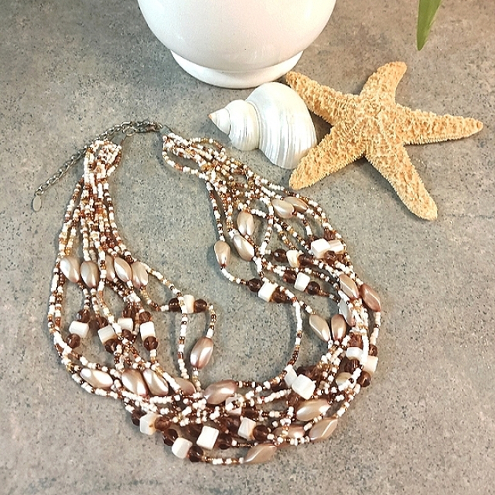 Boho White, Brown & Cream Beaded Necklace